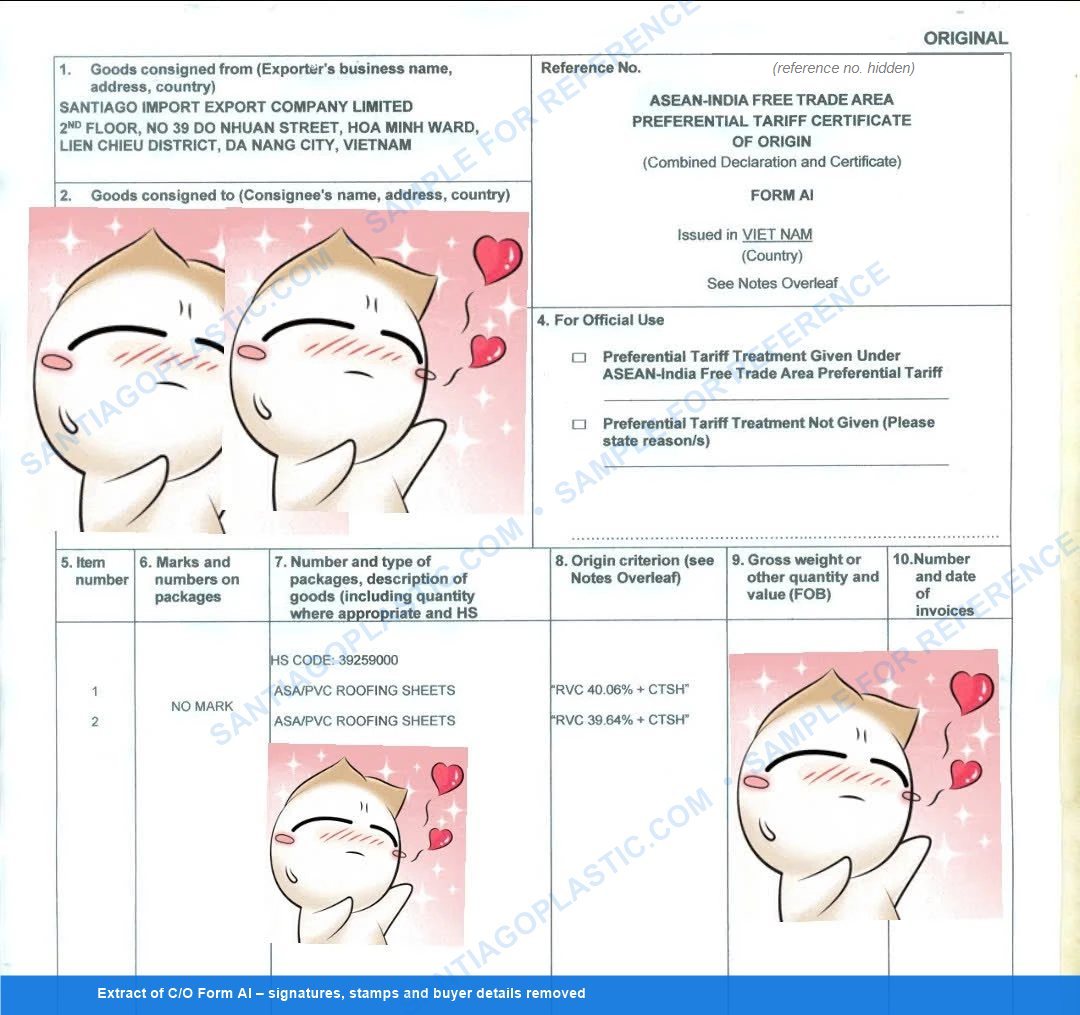 หนังสือรับรองถิ่นกำเนิด Form AI (อาเซียน–อินเดีย) ของแผ่นหลังคา ASA/PVC Santiago พิกัด HS 39259000 รับรองวันที่ 24 กันยายน 2026 (ปิดข้อมูลผู้ซื้อ)