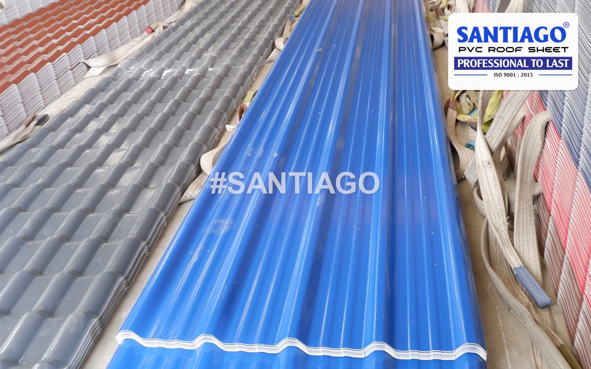 Blue ASA/PVC roof tiles at the Santiago factory, March 2022