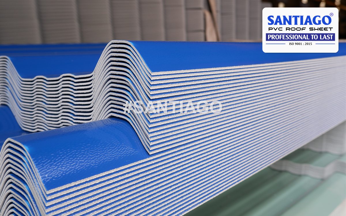 Blue ASA/PVC roofing sheets stacked in the Santiago warehouse, March 2022