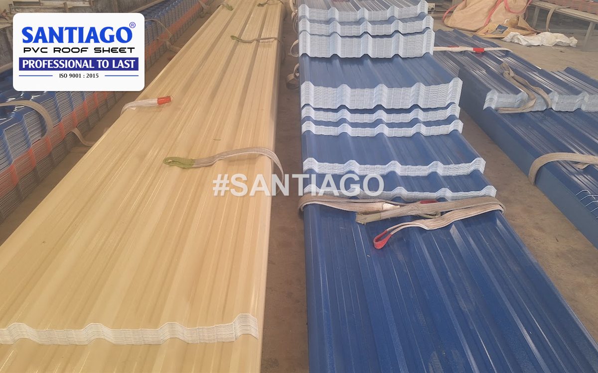 Cream and blue roofing sheets strapped in bundles in the Santiago warehouse, March 2024