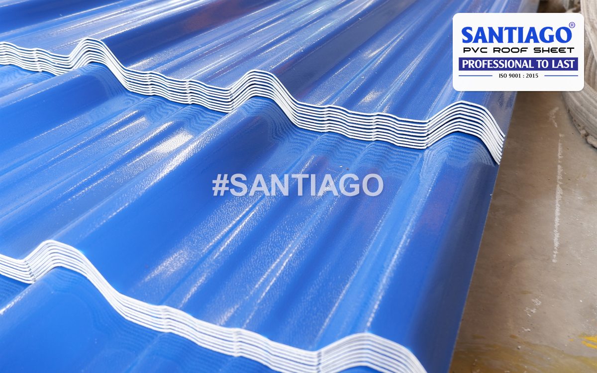 Close-up of a blue ASA/PVC roof tile, Santiago factory, March 2022