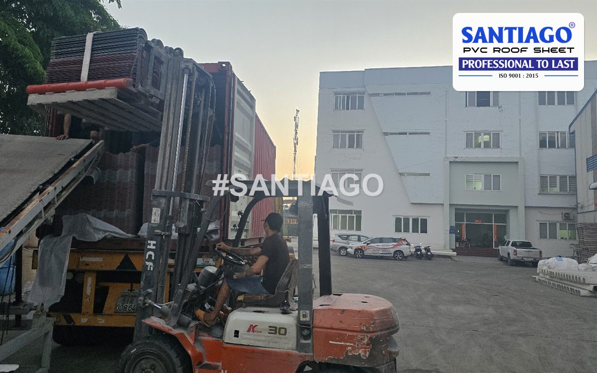 A forklift moving ASA/PVC roofing sheets at the Santiago factory, March 2026