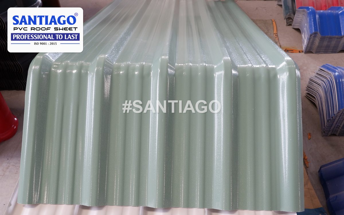 Teal ASA/PVC roofing sheet curved for an arched roof, Santiago factory, March 2022
